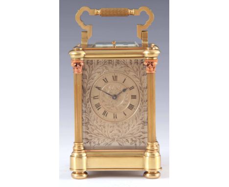 A LATE 19TH CENTURY FRENCH REPEATING CARRIAGE CLOCK the moulded brass case with reeded copper and brass Corinthian columns en