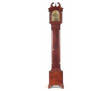 A LATE 19TH CENTURY MAHOGANY WEIGHT DRIVEN GRANDAUGHTER CLOCK having a swan neck pediment above an arched glazed door flanked