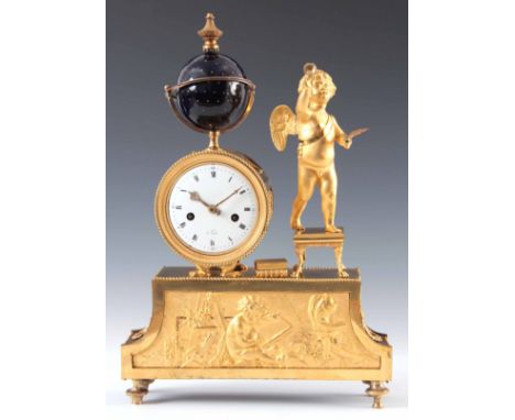 AN EARLY 19TH CENTURY FRENCH ORMOLU FIGURAL MANTEL CLOCK the case having a porcelain sphere and winged cherub standing on a s