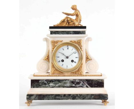 A 19th CENTURY FRENCH MARBLE AND ORMOLU MOUNTED MANTEL CLOCK the case surmounted by a classical seated woman reading a book o