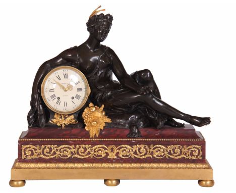 BREGUET, A PARIS. A MONUMENTAL EARLY 19TH CENTURY FRENCH BRONZE, ORMOLU AND MARBLE FIGURAL MANTEL CLOCK modelled as  Demeter,