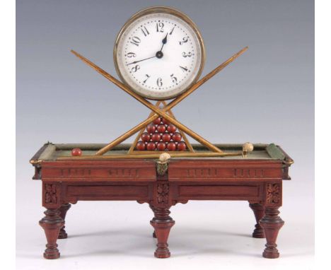 A RARE AND UNUSUAL LATE 19TH CENTURY NOVELTY MANTEL CLOCK FORMED AS A SNOOKER TABLE the drum-shaped clock case with a 6cm por