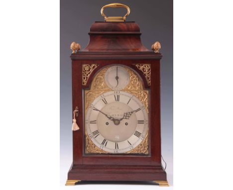 BENJAMIN WARD, LONDON. A GEORGE III MAHOGANY VERGE BRACKET CLOCK the figured bell top pediment surmounted by a gilt brass hin