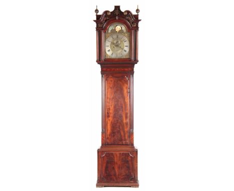 JOHN BROWN, LIVERPOOL. A GEORGE III FLAMED MAHOGANY EIGHT DAY LONGCASE CLOCK with a 13” brass arched dial having a silvered c