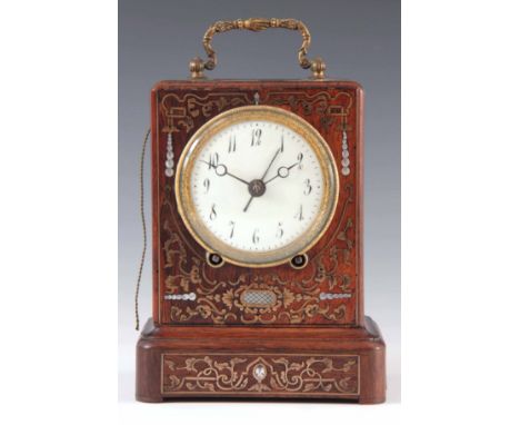 AN EARLY 19TH CENTURY FRENCH ROSEWOOD BOULLE INLAID CAPUCINE CARRIAGE CLOCK  the case of rectangular form covered in brass en