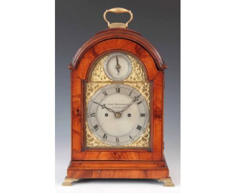 JOHN HENDERSON, LONDON. A GEORGE III MAHOGANY PAD TOP BRACKET CLOCK the arched case with brass fish scale sound frets and arc