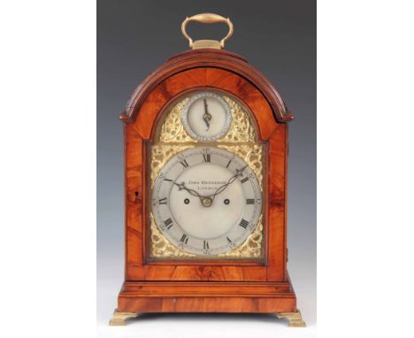 JOHN HENDERSON, LONDON. A GEORGE III MAHOGANY PAD TOP BRACKET CLOCK the arched case with brass fish scale sound frets and arc