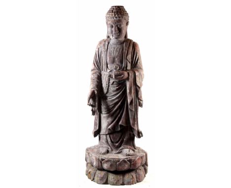 A 19TH CENTURY LIFE SIZE ORIENTAL CARVED WOOD STATUE OF A BUDDHA with polychrome painted decoration 220cm high