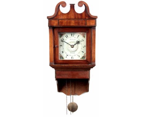 W. EVANS, SALOP. A LATE 18TH CENTURY OAK AND MAHOGANY HOODED WALL CLOCK the case having a swan neck pediment above a glazed h