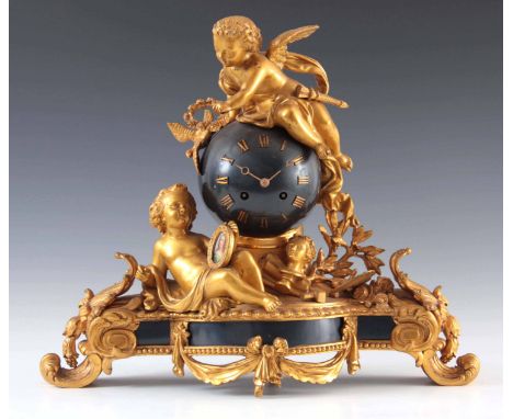 DENIERE, A. PARIS. A LATE 19TH CENTURY FRENCH ORMOLU FIGURAL MANTEL CLOCK the case having a blued spherical dial with applied