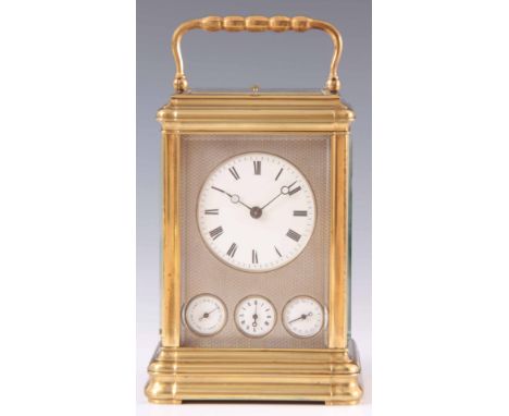 A LARGE LATE 19th CENTURY FRENCH GORGE CASED GRAND SONNERIE QUARTER CHIMING CARRIAGE CLOCK WITH CALENDAR WORK having a brass 