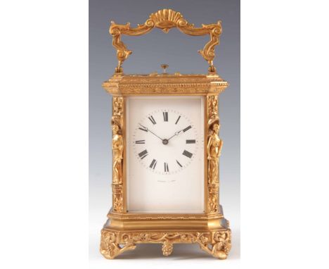 BOLVILLER, A PARIS. A LARGE MID 19TH CENTURY FRENCH REPEATING CARRIAGE CLOCK the ornate brass case with caryatid corners inse