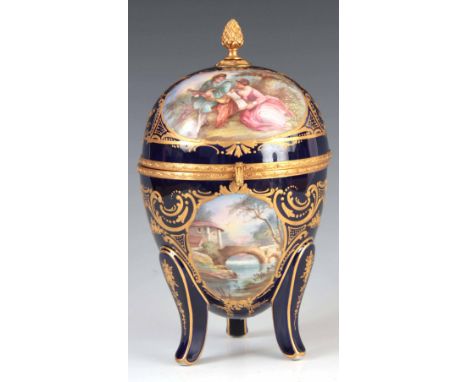 A LARGE FINE LATE 19TH CENTURY OVOID ORMOLU MOUNTED SEVRES STYLE PORCELAIN CASKET with hinged lid and pineapple finial decora