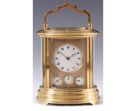 BREVETÉ, PARIS. A LARGE LATE 19TH CENTURY FRENCH OVAL CASED CARRIAGE CLOCK WITH CALENDAR WORK having a brass moulded case ins