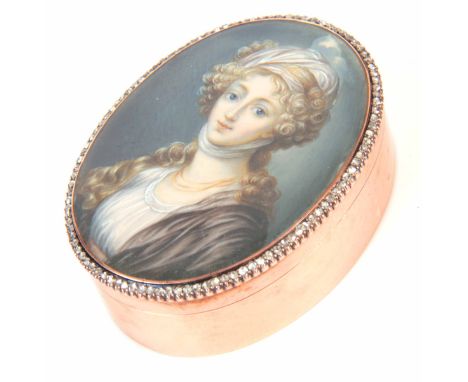 A 19TH CENTURY 18ct ROSE GOLD AND DIAMOND OVAL BOX  WITH IVORY MINIATURE LID the slightly domed glazed oval miniature portrai