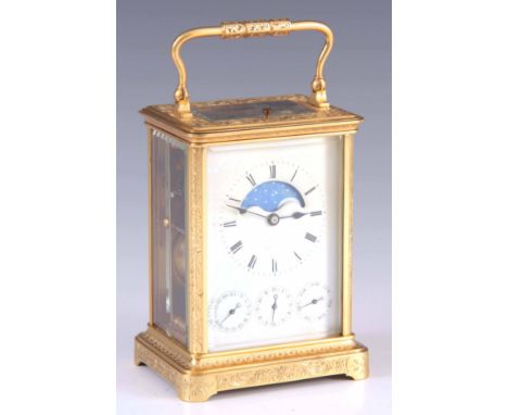 J. DEJARDIN. A 19TH CENTURY GILT BRASS ENGRAVED CARRIAGE CLOCK WITH CALENDAR AND MOONPHASE the corniche case with foliate and