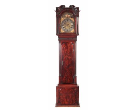 HELM, ORMSKIRK. A GEORGE III FLAMED MAHOGANY EIGHT DAY LONGCASE CLOCK with a 13” brass arched dial having a silvered chapter 