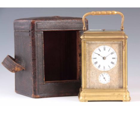 JOSEPH SOLDANO. A 19TH CENTURY FRENCH BRASS GORGE CASED GRAND SONNERIE CARRIAGE CLOCK WITH ALARM the moulded case inset with 