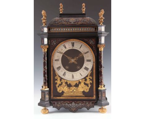 A LATE 19TH CENTURY TORTOISESHELL BOULLE BRACKET CLOCK in the 17th century style, the case inlaid with engraved pewter and br