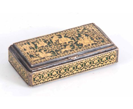 A 19TH CENTURY PERSIAN SILVER GILT SNUFF BOX with green enamel panels inlaid with gold depicting hunting scenes decorated wit