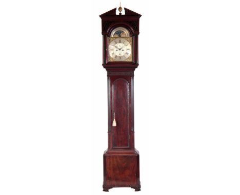 THOMAS FAYRER, LANCASTER.  A FINE GEORGE III CHIPPENDALE STYLE FIGURED MAHOGANY GILLOWS LONGCASE CLOCK the architectural pedi