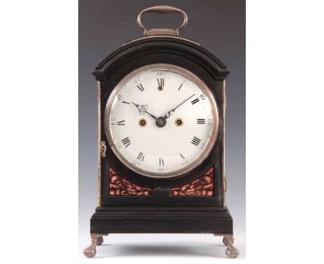 EDWARD TOMLIN, ROYAL EXCHANGE, LONDON. A GEORGE III EBONISED BRACKET CLOCK the break arch case with pad top and hinged carryi