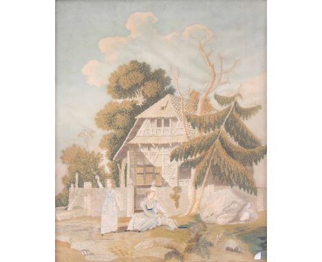 AN 18TH CENTURY STUMPWORK EMBROIDERY ON SILK depicting two girls playing in a garden in front of a cottage, one flying a bird
