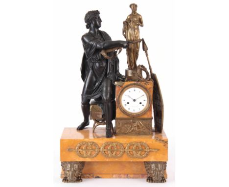 CARDINAUX A PARIS. A LARGE EARLY 19TH CENTURY BRONZE, ORMOLU AND SIENNA MARBLE FIGURAL MANTEL CLOCK modelled as Julias Cesar 