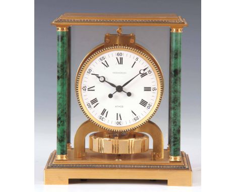 A JAEGER-LECOULTRE VENDOME ATMOS CLOCK having a glazed gilt brass case with enamel simulated Verdi Antico corner columns encl