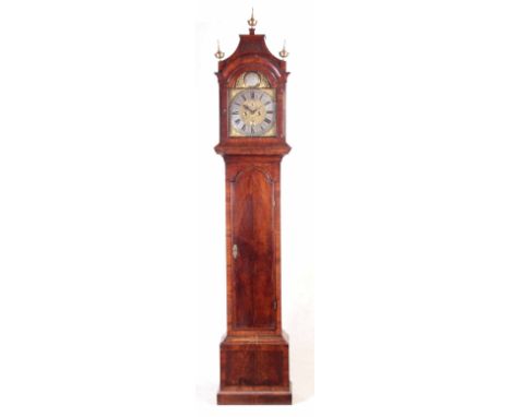 EDWARD FAULKNER, LONDON. A GEORGE II WALNUT LONGCASE CLOCK the pagoda top and concave mould above glazed arched door with can