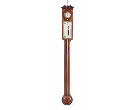 J. SOMALVICO &amp; SON, No. 221 HOLBORN, LONDON. A GEORGE III MAHOGANY STICK BAROMETER having an architectural pediment above