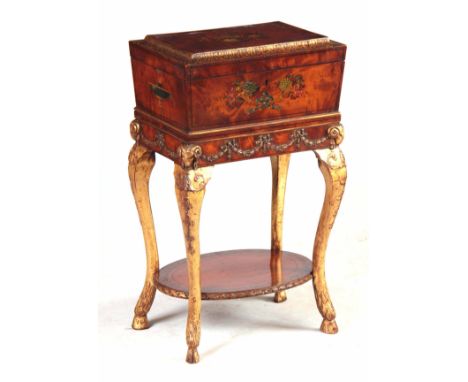 A 19TH CENTURY PAINTED SATINWOOD AND GILT GESSO ADAM STYLE SEWING BOX ON STAND having a moulded hinged top revealing a tray t