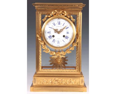 RAINGO, PARIS. A LARGE 19TH CENTURY FRENCH ORMOLU FOUR-GLASS STYLE MANTEL CLOCK the case inset with four bevelled glass panel