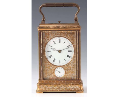 DROCOURT. A 19TH CENTURY FRENCH CANNELÉE CASED ENGRAVED ENAMELLED REPEATING CARRIAGE CLOCK the brass foliate engraved case wi