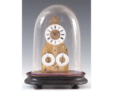 A MID 19TH CENTURY FRENCH 'GRAND EXHIBITION' SKELETON CLOCK WITH CALENDAR the small timepiece having a 2.5" porcelain Roman c