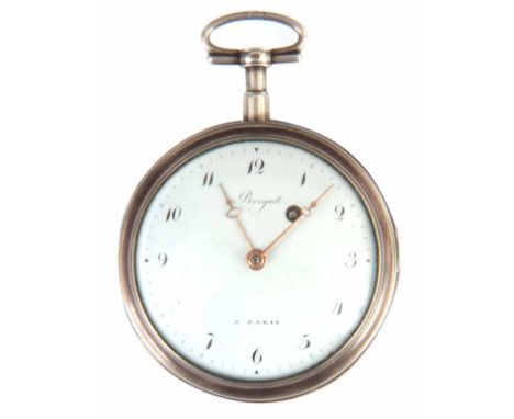 AN EARLY 19th CENTURY SILVER OPEN FACED POCKET WATCH SIGNED BREGUET A PARIS the hinged silver case with moulded edge enclosin