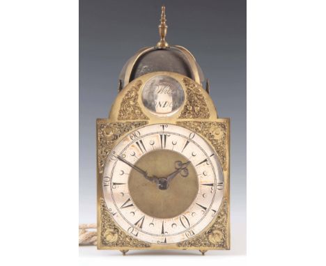 WILLIAM WILSON, LONDON. A MID 18TH CENTURY LANTERN CLOCK MADE FOR THE TURKISH MARKET the 8" brass arched dial with pierced br