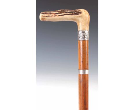 A GENTLEMAN LATE 19TH CENTURY MALACCA AND STAGHORN HANDLED SWORD STICK with silver collar 80cm overall