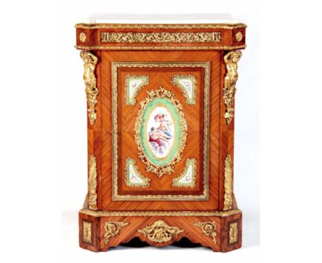 A FINE 19TH CENTURY FRENCH ORMOLU-MOUNTED KINGWOOD SIDE CABINET WITH SERVES STYLE PORCELAIN PANELS having a white marble top 