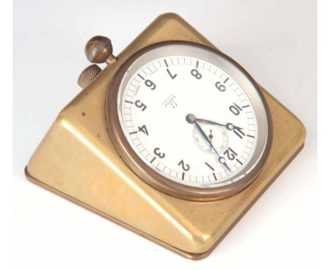 AN EARLY 20TH CENTURY SWISS OMEGA CAR CLOCK retailed by 'STORY BARROW' the brass detachable sloping case numbered '9577964' e