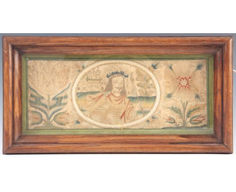 A 17TH CENTURY CHARLES II STUMPWORK AND EMBROIDERED PANEL depicting an oval portrait of Charles II with a palace in the backg