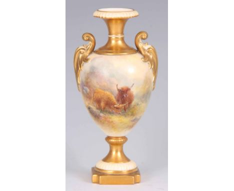 HARRY STINTON – A ROYAL WORCESTER GILT AND IVORY GROUND TWO HANDLED OVOID PEDESTAL CABINET VASE finely painted with a pair of