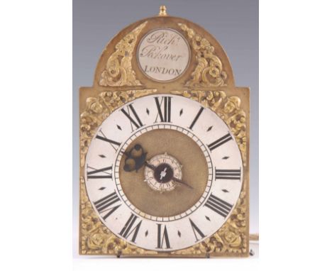 RICHARD PECKOVER, LONDON. A SMALL EARLY 18TH CENTURY VERGE LANTERN CLOCK having a 5" arched brass dial with silvered Roman ch