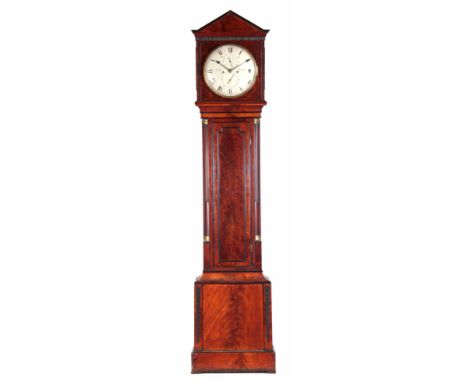 TIGHT, READING. A FINE REGENCY FIGURED MAHOGANY DOMESTIC REGULATOR LONGCASE CLOCK having an architectural hood with ebonized 