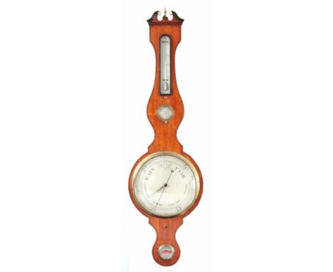 LIONE &amp; SOMALVICO, 125 HOLBORN HILL, LONDON. A GEORGE III SATINWOOD WHEEL BAROMETER, the case crossbanded with kingwood h