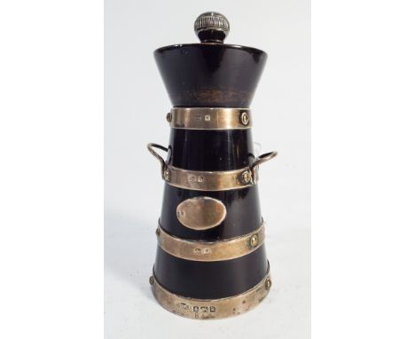 Novelty milk churn treen pepper grinder with silver bands, hallmarked Birmingham 1909, 10 cms high