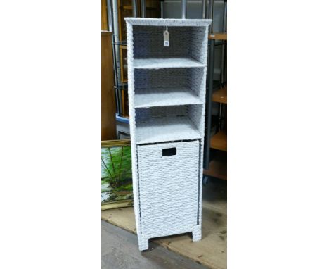 tubular metal four tier beech shelf unit and a white wicker shelving unit with pull out laundry basket