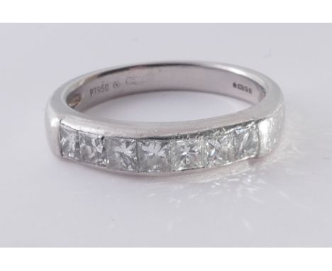 Platinum diamond set wedding band / half eternity ring, set 7 princess cut diamonds. Ring size O/P