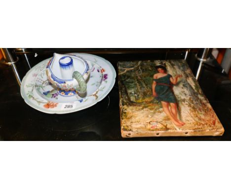 Small unframed oil painting of a young lady quimper style candlestick and a floral and bird decorated iron stone plate 