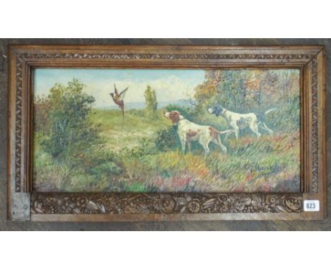 Oil on canvas painting of hunting dogs flushing a pheasant, signed 10.5 x 22" 
